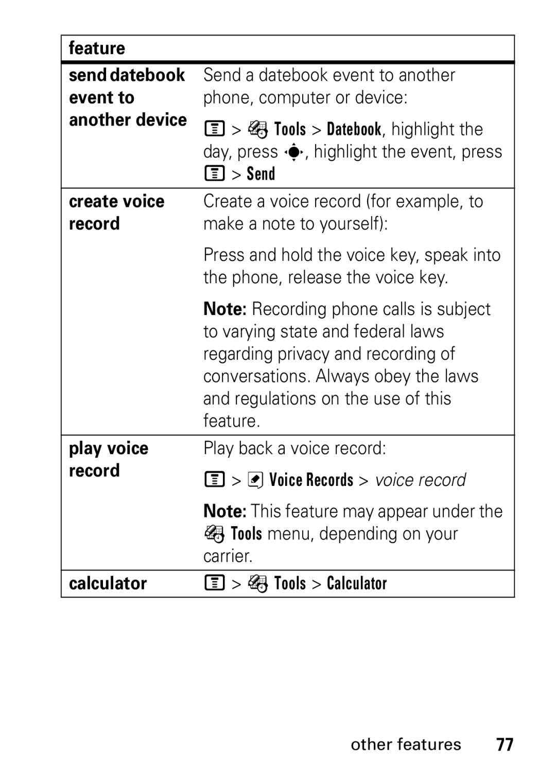 Motorola V235 GSM Series manual Feature Send datebook, Event to, Another device, Create voice, Record, Play voice 