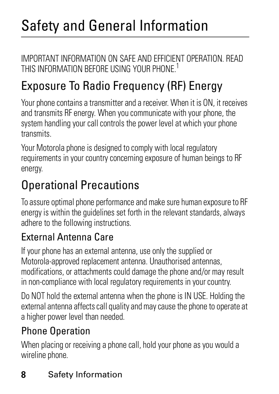 Motorola V235 GSM Series manual Exposure To Radio Frequency RF Energy, Operational Precautions 