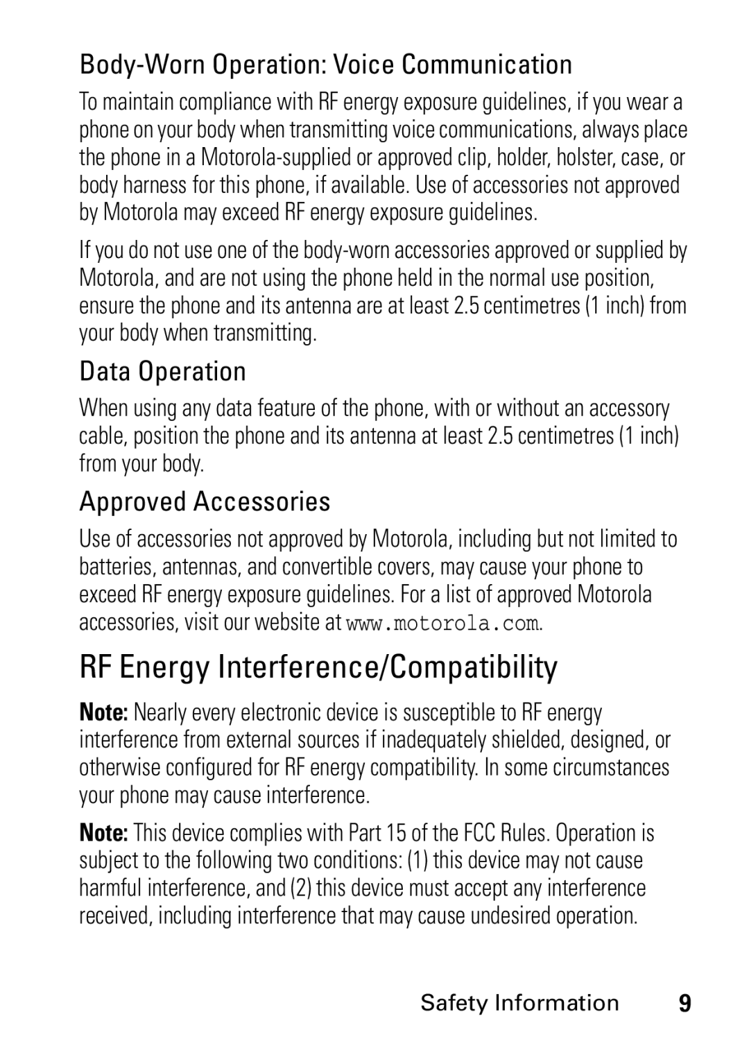 Motorola V235 GSM Series manual RF Energy Interference/Compatibility, Body-Worn Operation Voice Communication 