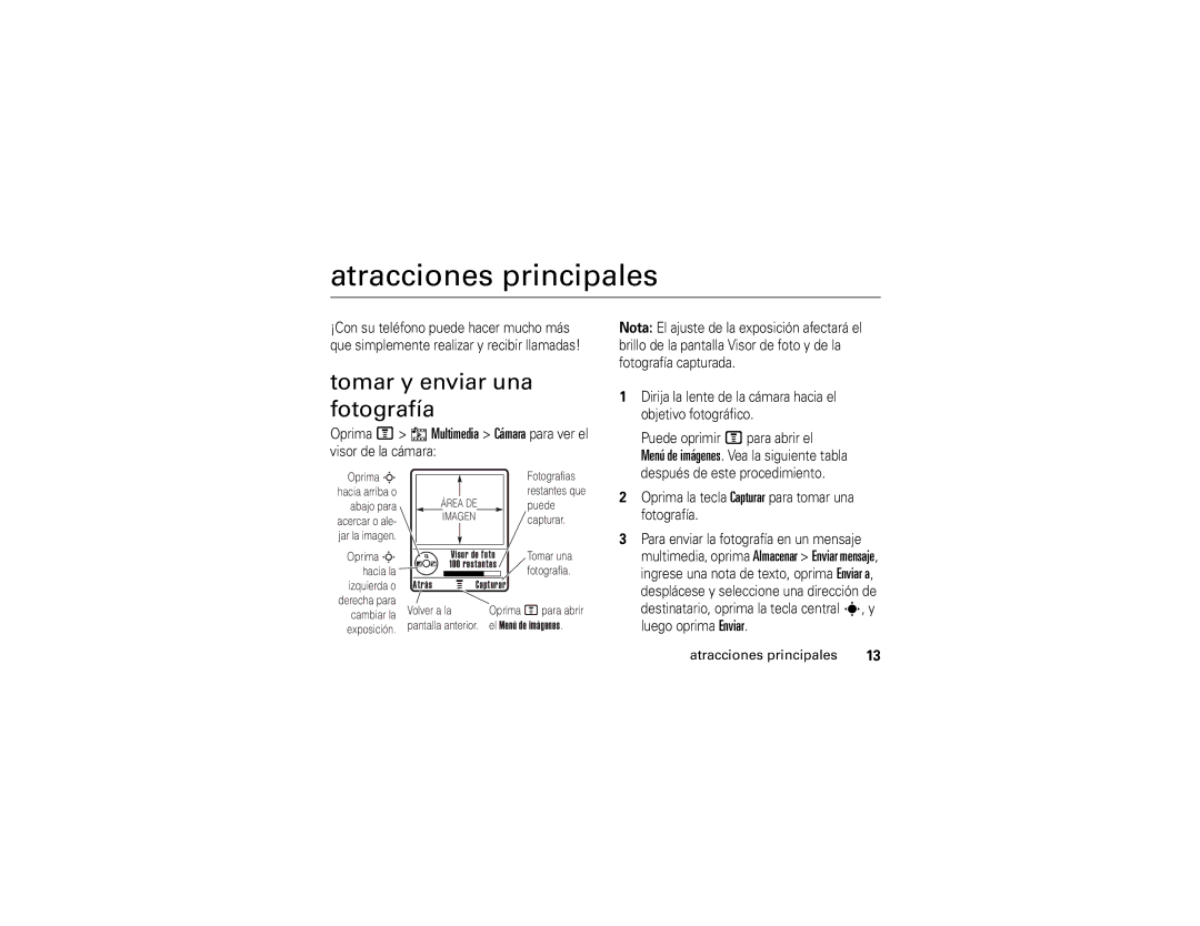 Motorola V235 Atracciones principales, Tomar y enviar una fotografía, Oprima M h Multimedia Cámara visor de la cámara 