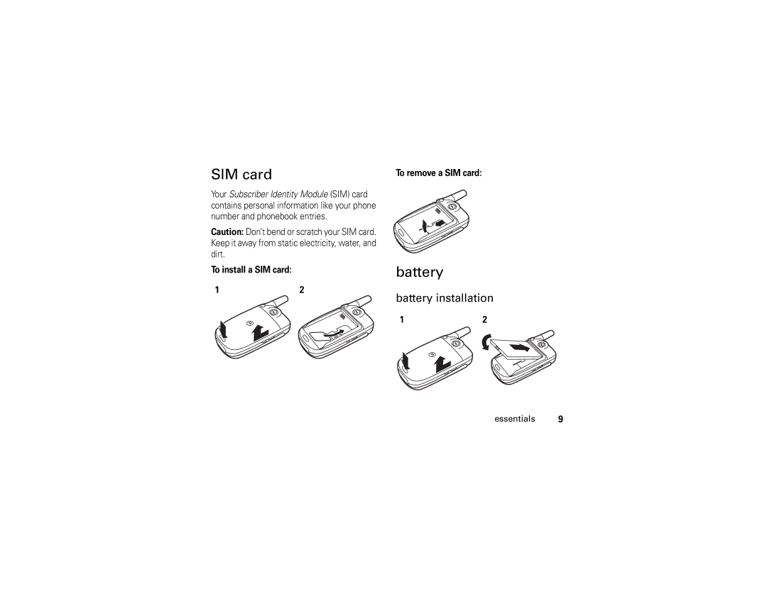 Motorola V235 manual Battery installation, To install a SIM card To remove a SIM card 