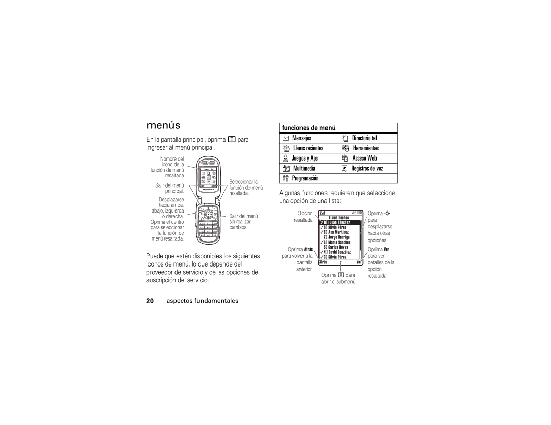 Motorola V235 manual Menús, Mensajes Directorio tel Llams recientes Herramientas, Juegos y Aps Acceso Web Multimedia 