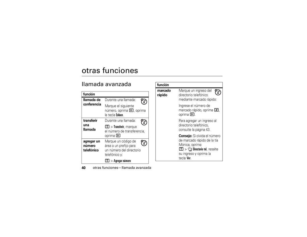 Motorola V235 manual Otras funciones, Llamada avanzada, Transferir, marque, Agregar número 