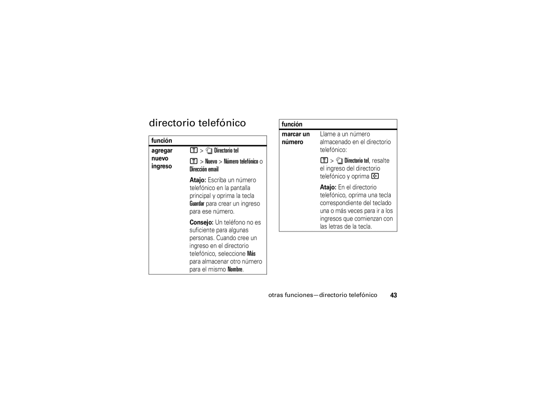 Motorola V235 manual Directorio telefónico, Dirección email, Directorio tel, resalte 