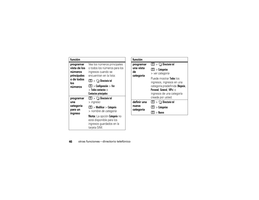 Motorola V235 manual Configuración Ver, Todos contactos o, Contactos principales, Modificar Categoría, Categorías, Nuevo 