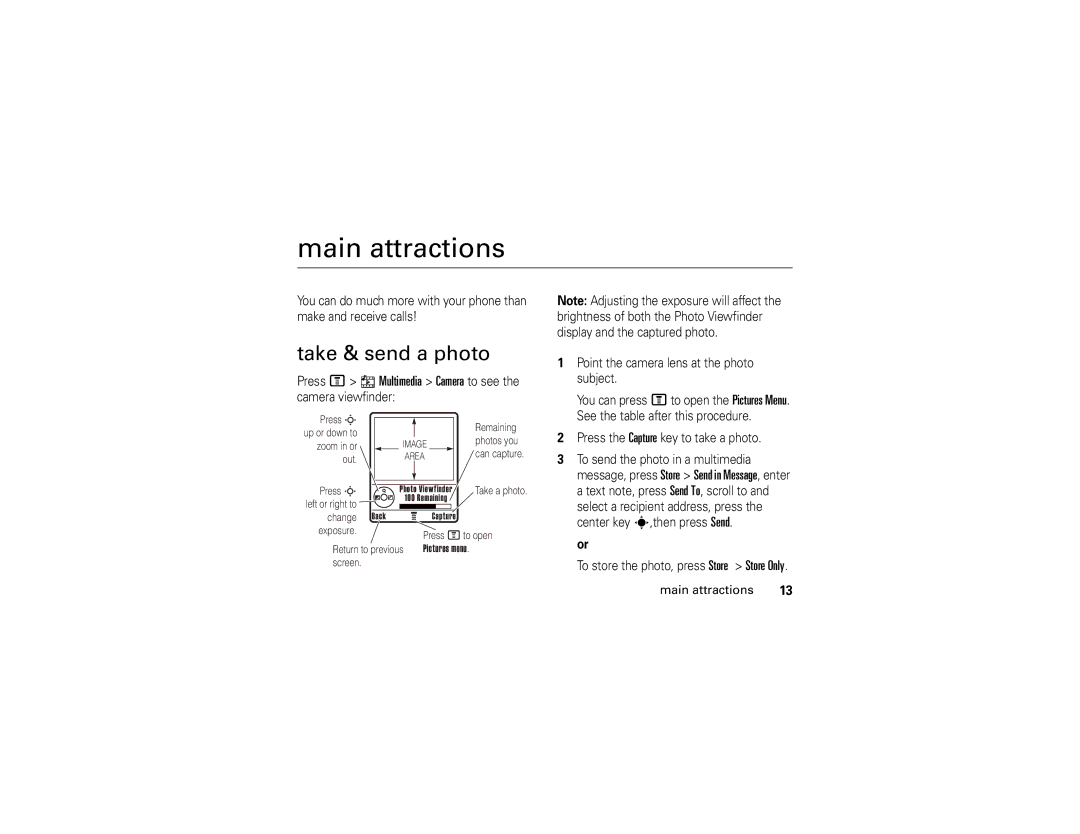 Motorola V235 manual Main attractions, Take & send a photo 