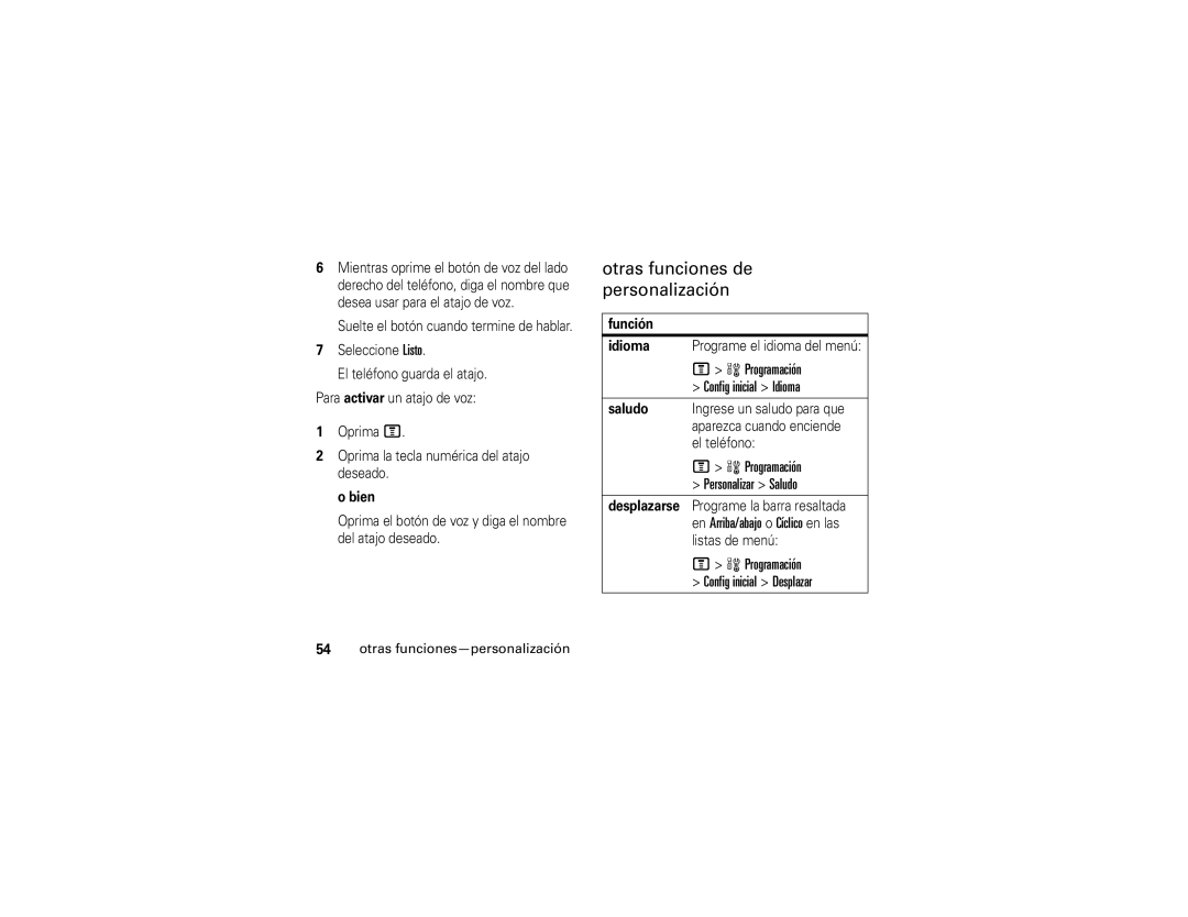 Motorola V235 Otras funciones de personalización, Programación Config inicial Idioma, Programación Personalizar Saludo 