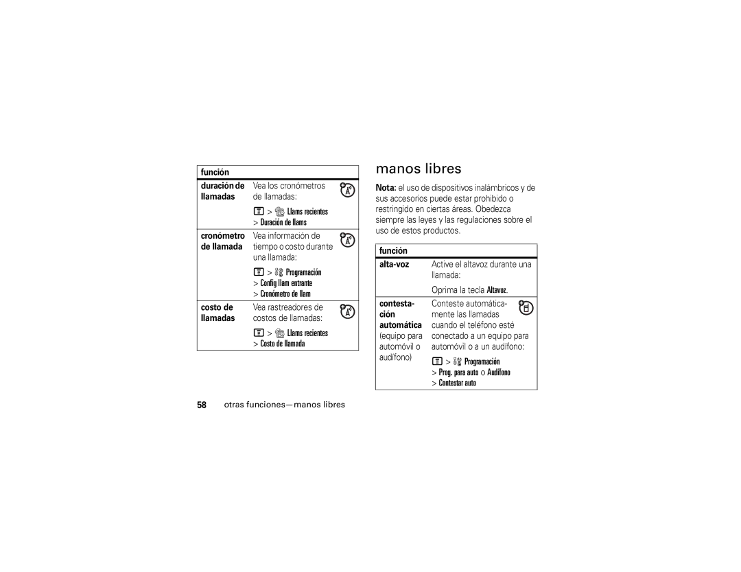 Motorola V235 manual Manos libres, Llams recientes Duración de llams, Programación Config llam entrante Cronómetro de llam 