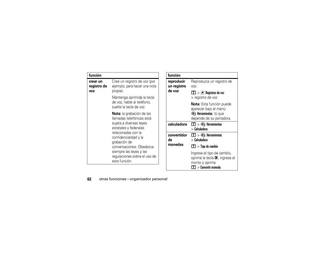Motorola V235 manual Registros de voz, Calculadora, Tipo de cambio, Convertir moneda 