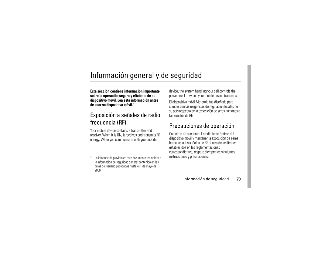 Motorola V235 Información general y de seguridad, Exposición a señales de radio frecuencia RF, Precauciones de operación 