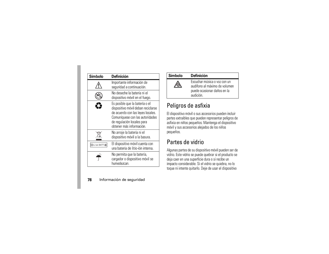 Motorola V235 manual Peligros de asfixia, Partes de vidrio, Símbolo Definición 