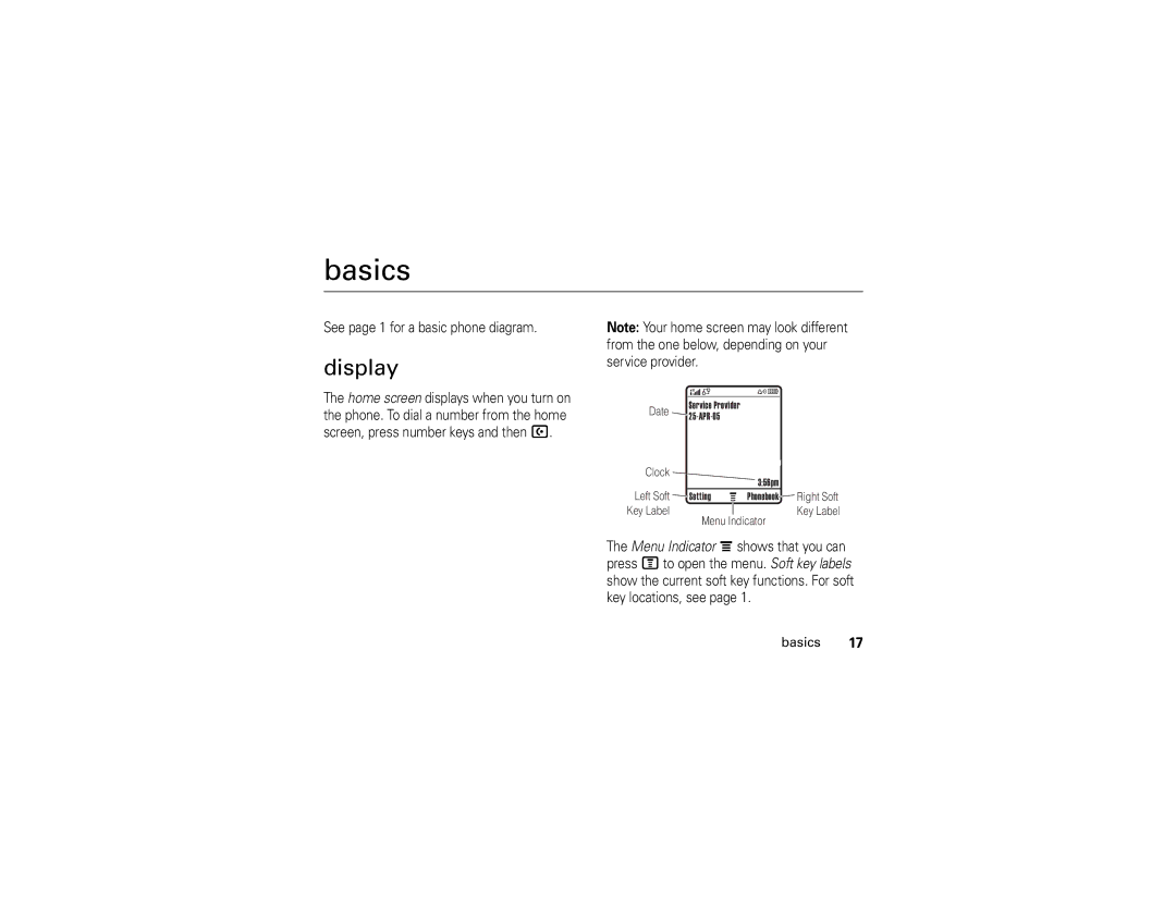 Motorola V235 manual Basics, Display, See page 1 for a basic phone diagram 