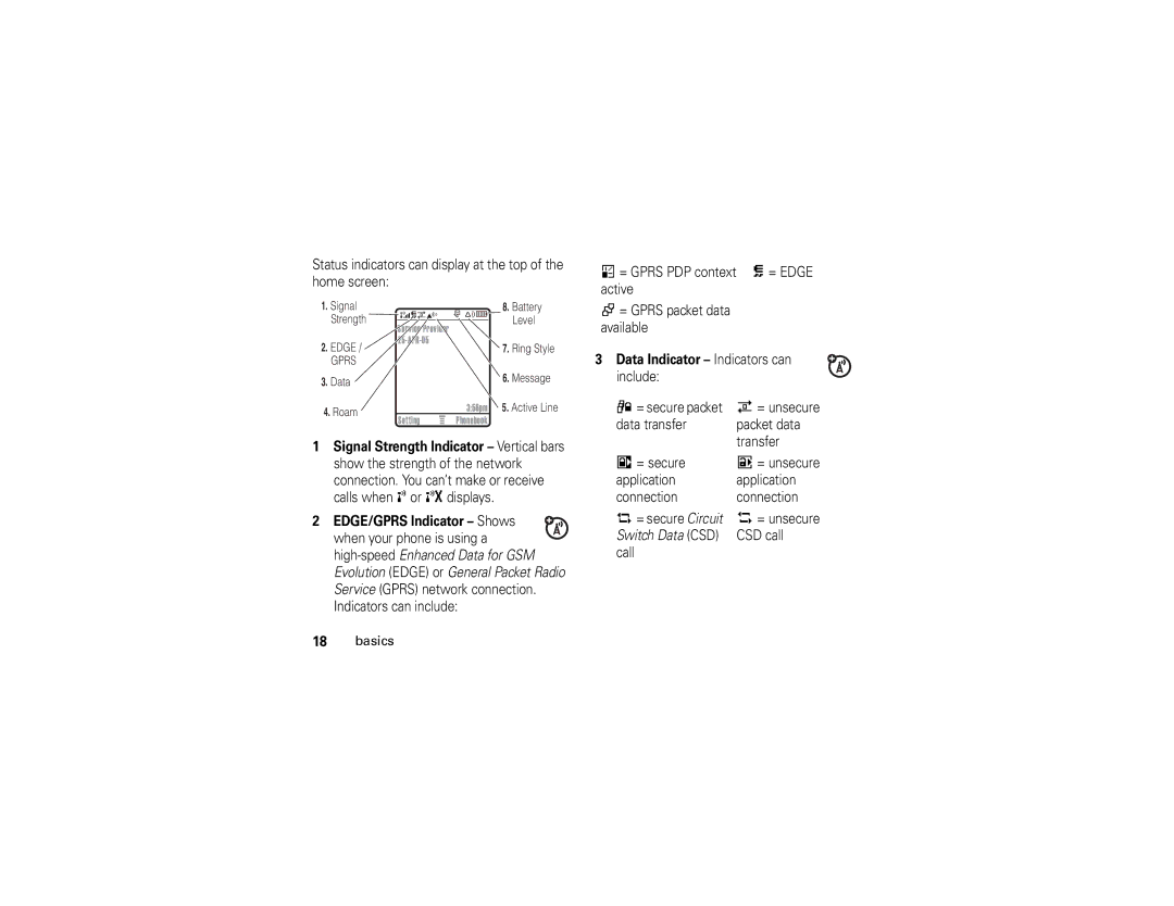 Motorola V235 Status indicators can display at the top of the home screen, Data Indicator Indicators can include, CSD call 