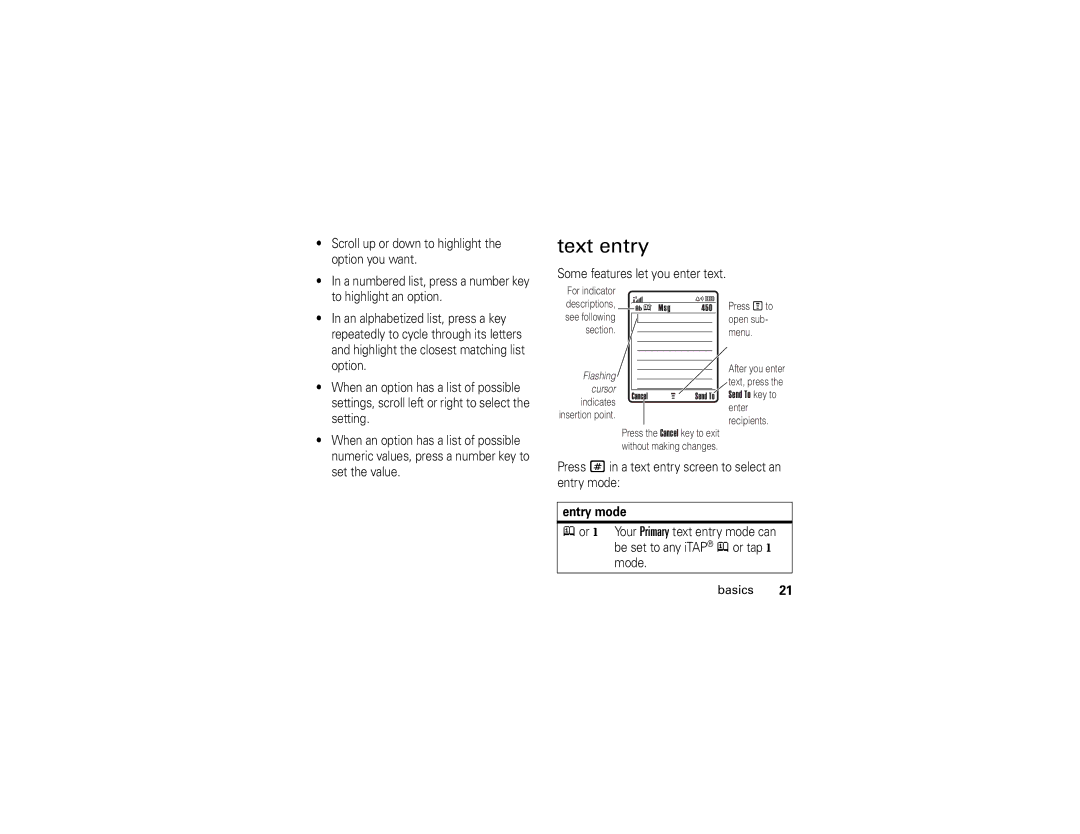 Motorola V235 manual Text entry, Scroll up or down to highlight, Option you want, Entry mode 