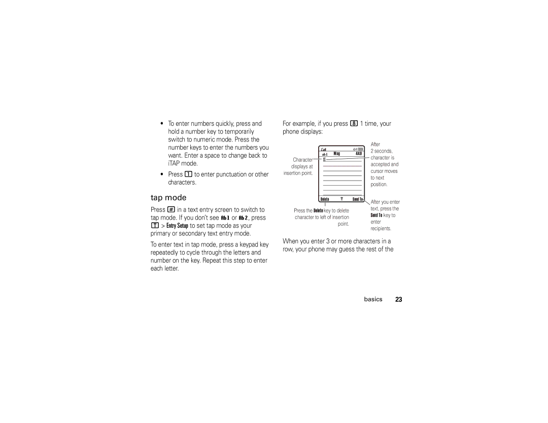 Motorola V235 manual Tap mode, Press 1to enter punctuation or other characters 