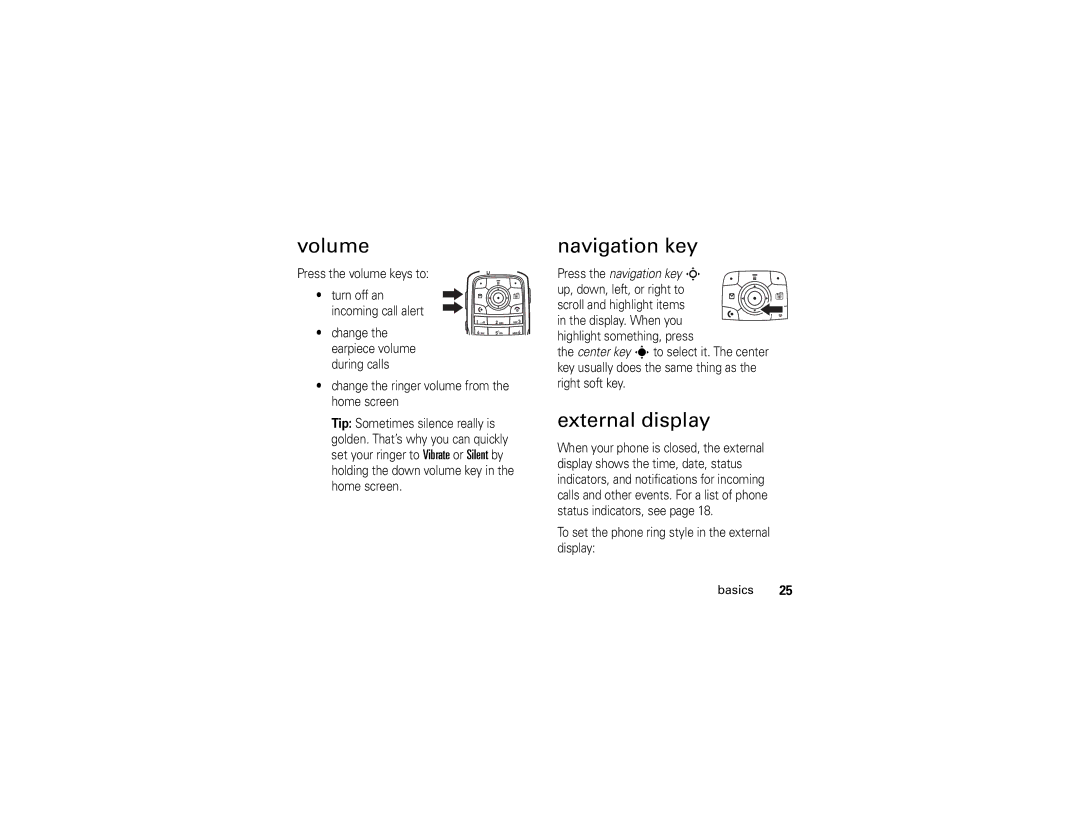 Motorola V235 manual Volume, Navigation key, External display 