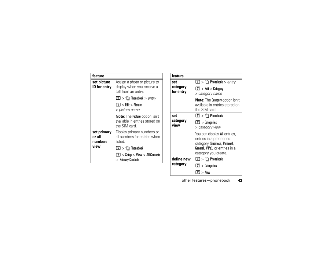 Motorola V235 manual Edit Picture, Or Primary Contacts, Edit Category, Categories, New 