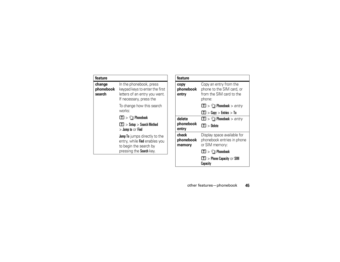 Motorola V235 manual Phonebook Setup Search Method Jump to or Find, Copy Entries To, Capacity 