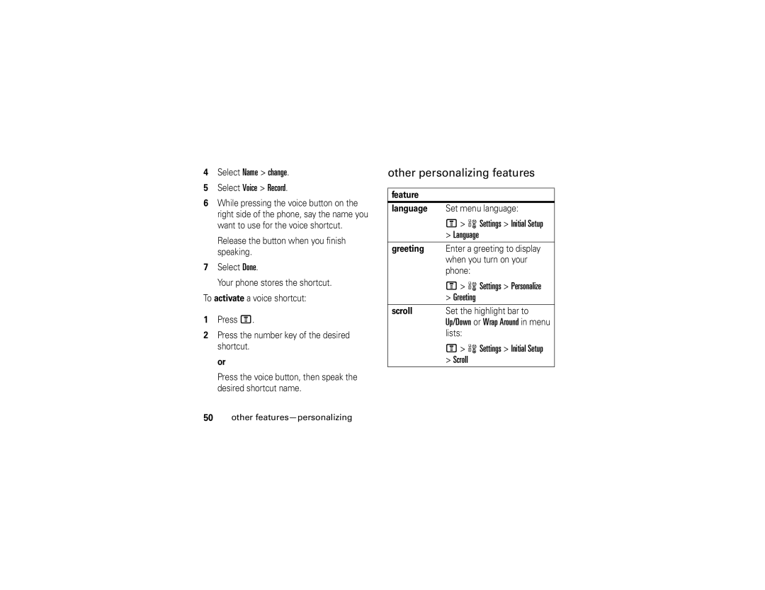 Motorola V235 manual Other personalizing features, Select Name change Select Voice Record, Language, Greeting 