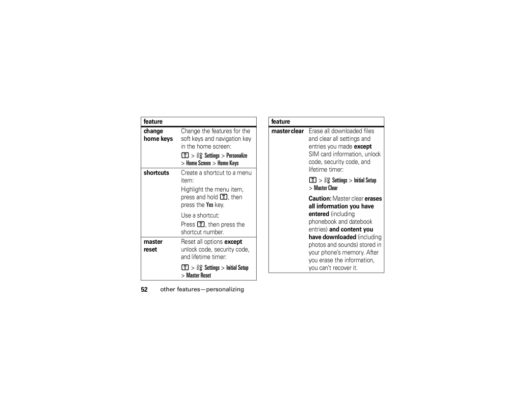 Motorola V235 manual Settings Personalize Home Screen Home Keys, Settings Initial Setup Master Reset 