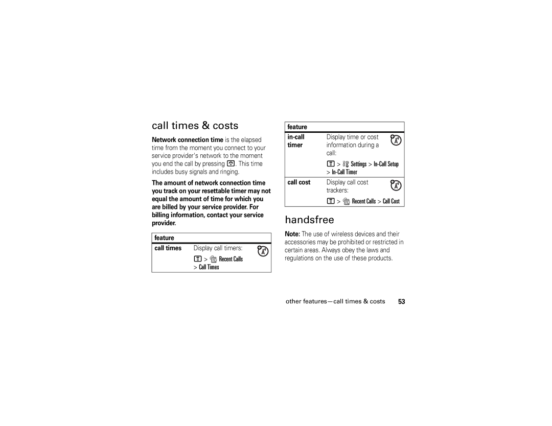 Motorola V235 manual Call times & costs, Handsfree, Recent Calls Call Times, Settings In-Call Setup In-Call Timer 