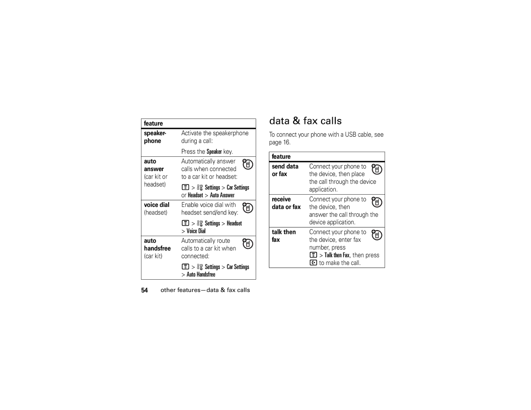 Motorola V235 manual Data & fax calls, Settings Headset, Voice Dial, Settings Car Settings Auto Handsfree 