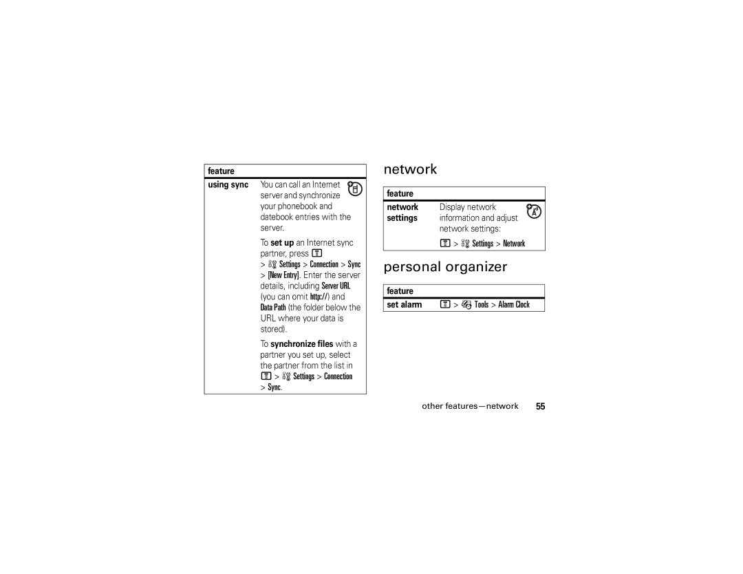 Motorola V235 manual Personal organizer, Sync, Settings Network, Set alarm M É Tools Alarm Clock 