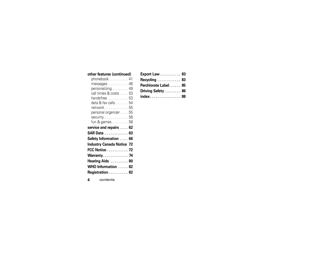 Motorola V235 manual Export Law Recycling Perchlorate Label Driving Safety index 