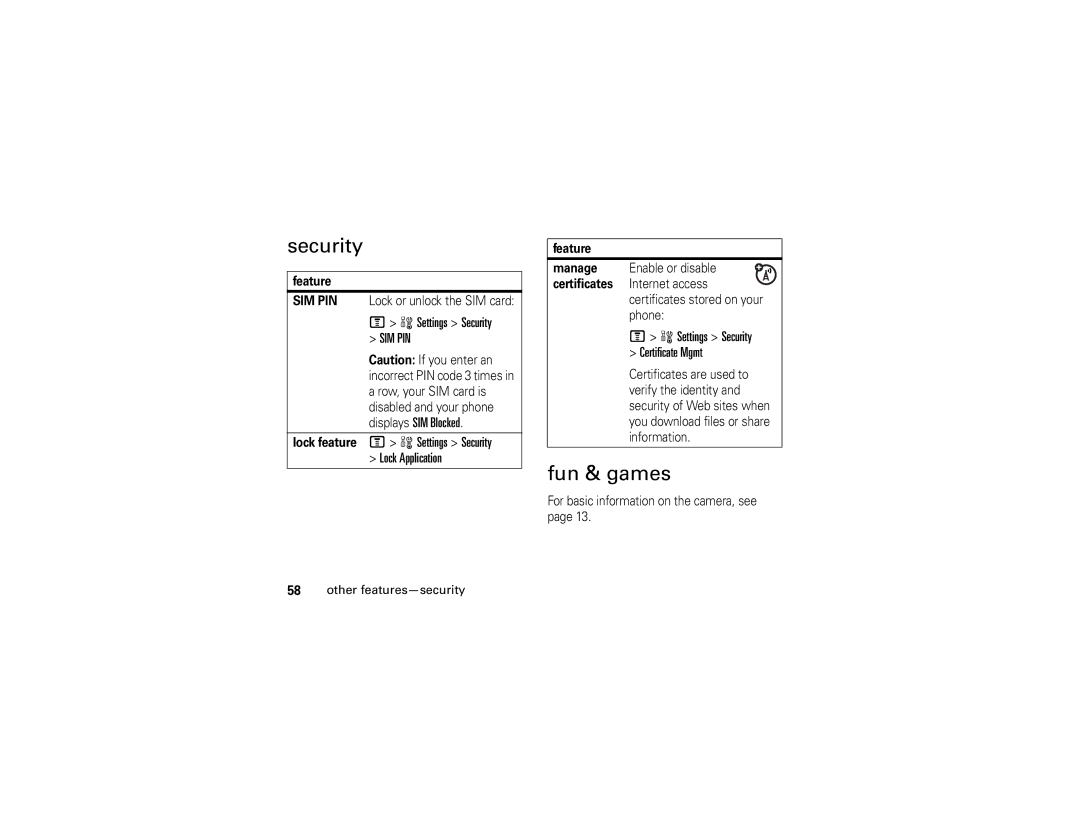 Motorola V235 Fun & games, Lock feature M w Settings Security Lock Application, Settings Security Certificate Mgmt 