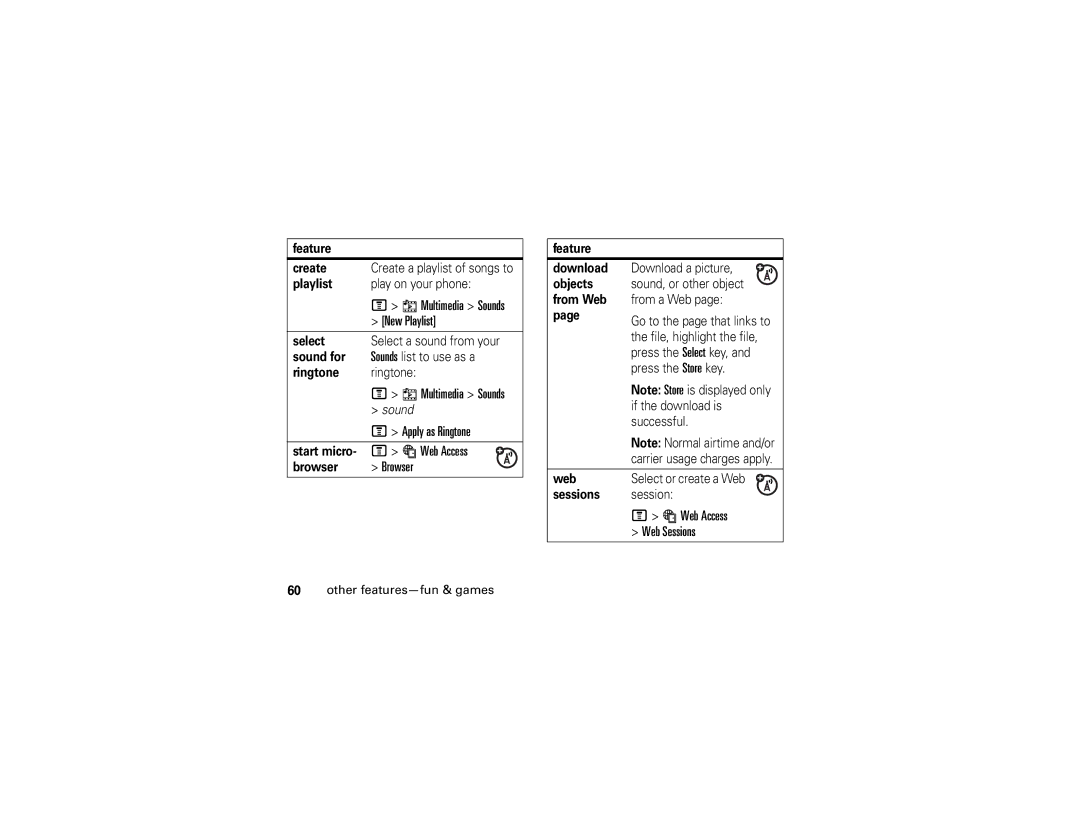 Motorola V235 manual New Playlist, Apply as Ringtone, Browser, Web Access Web Sessions 