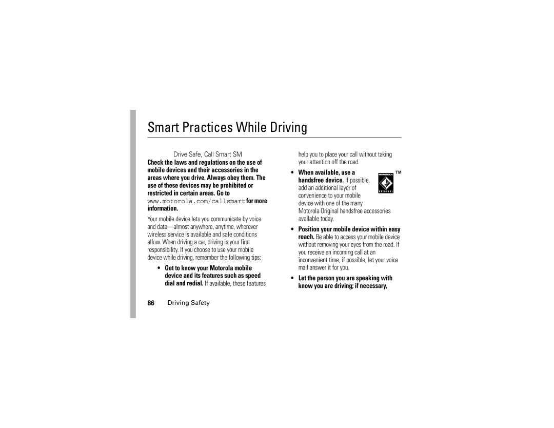 Motorola V235 manual Smart Practices While Driving, Drive Safe, Call Smart SM, Information 