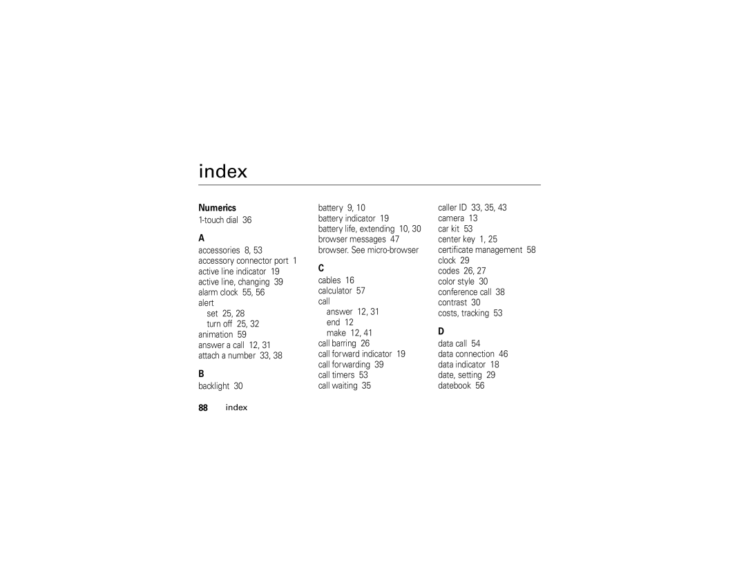 Motorola V235 manual Index, Numerics 