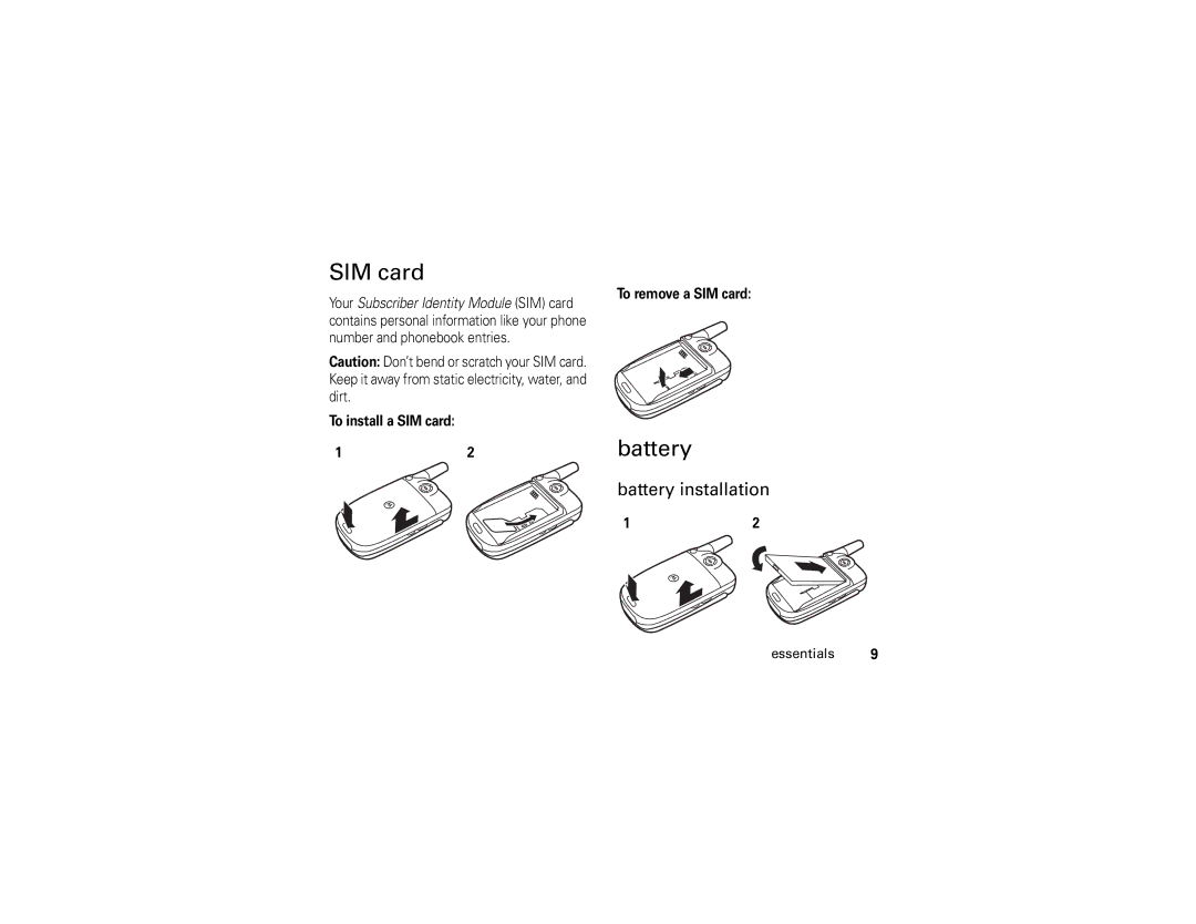 Motorola V235 manual Battery installation, To install a SIM card To remove a SIM card 