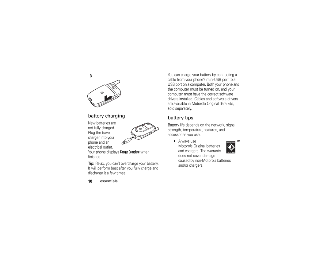 Motorola V235 manual Battery charging, Battery tips, New batteries are 