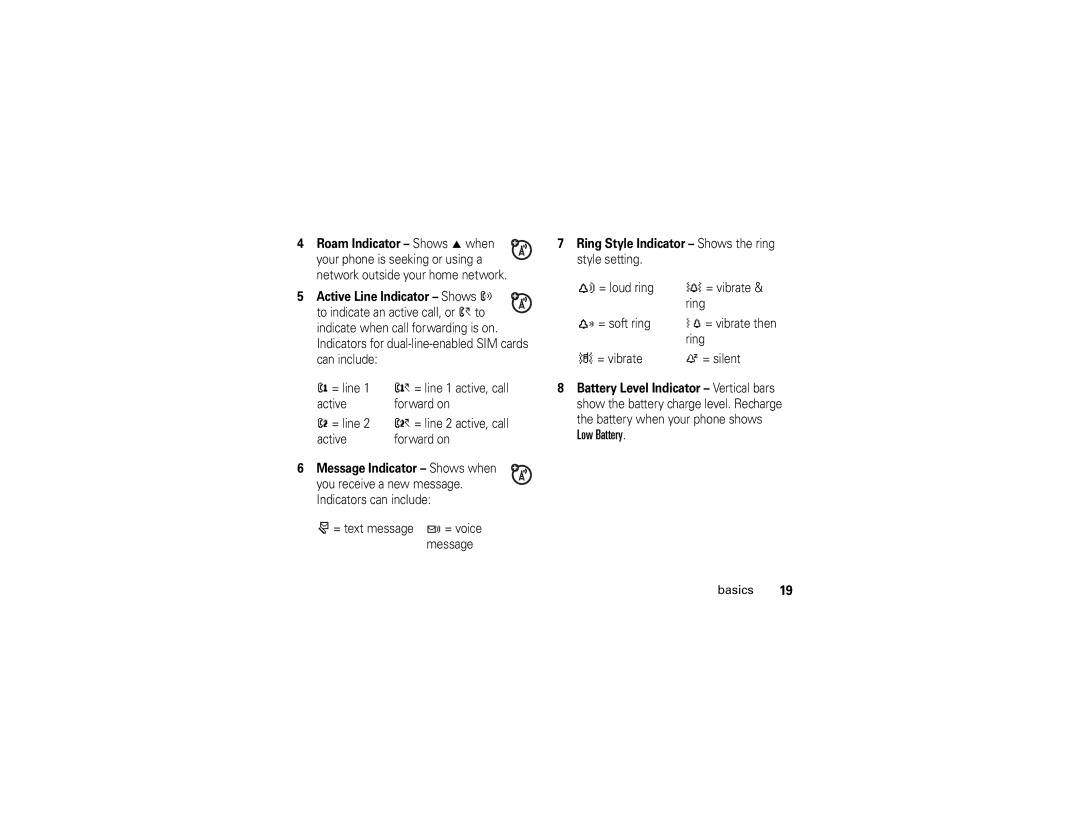 Motorola V235 manual = text message t = voice message, Ring Style Indicator Shows the ring style setting 