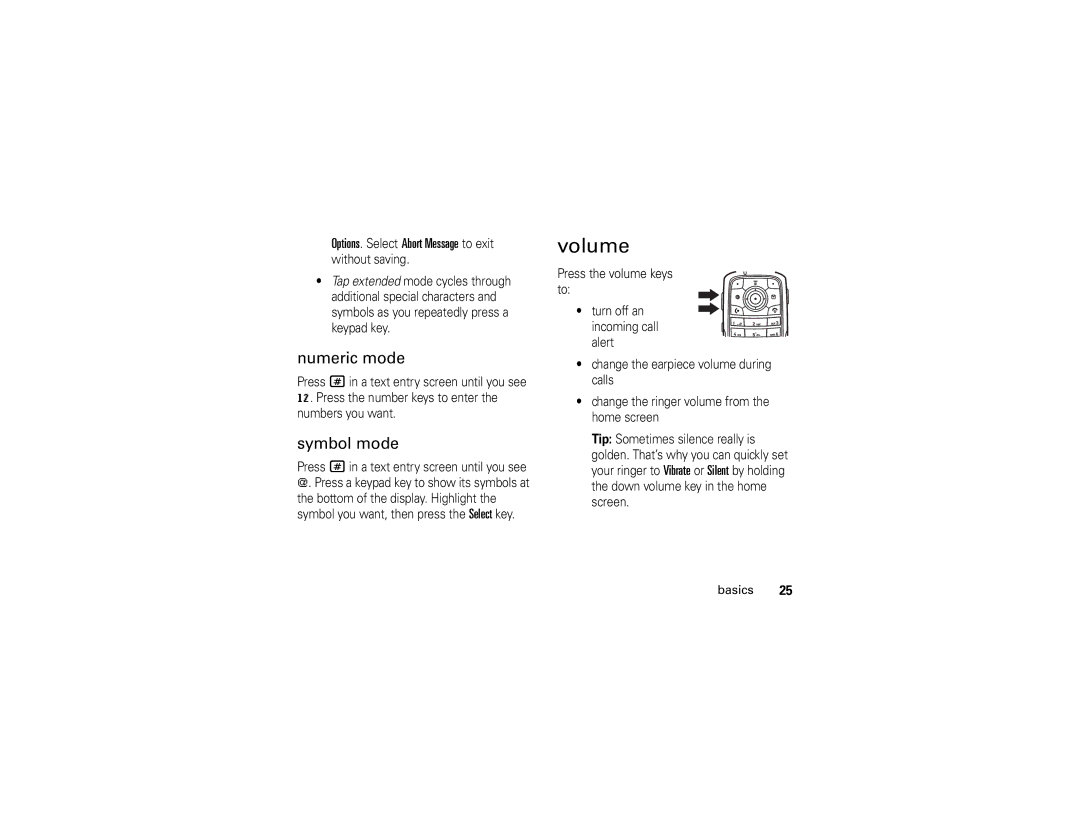 Motorola V235 manual Volume, Numeric mode, Symbol mode 