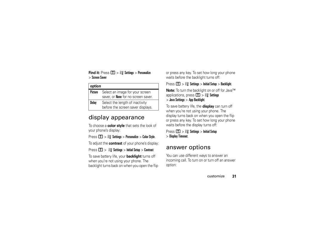 Motorola V235 manual Display appearance, Answer options, Find it Press M w Settings Personalize Screen Saver 