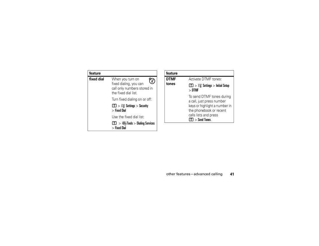 Motorola V235 manual Settings Security Fixed Dial, ÉTools Dialing Services Fixed Dial, Send Tones, Feature 
