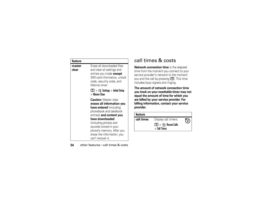 Motorola V235 manual Call times & costs, Settings Initial Setup Master Clear, Recent Calls Call Times 