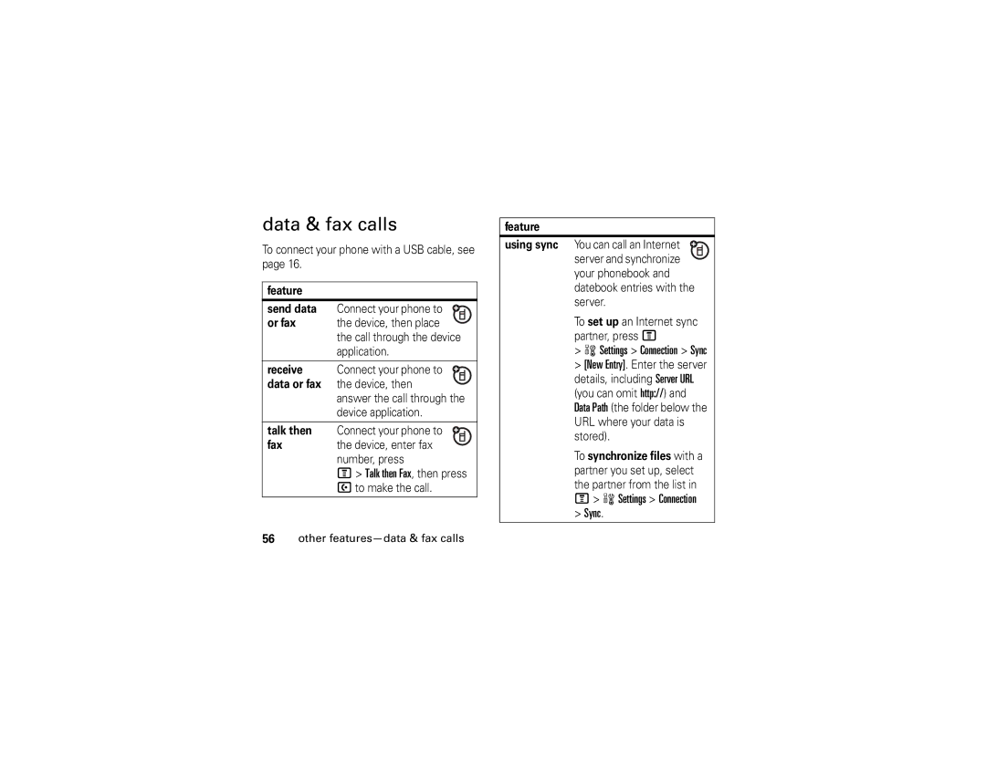 Motorola V235 manual Data & fax calls, Sync 