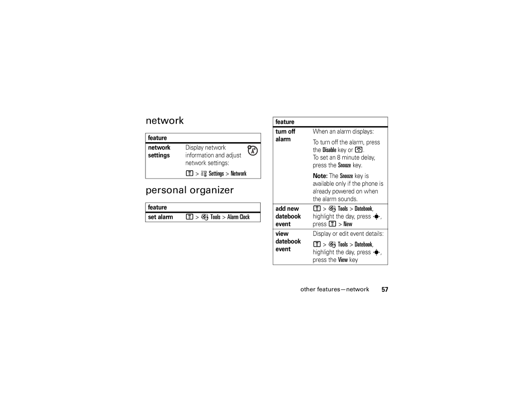 Motorola V235 manual Personal organizer, Settings Network, Set alarm M É Tools Alarm Clock, Tools Datebook 