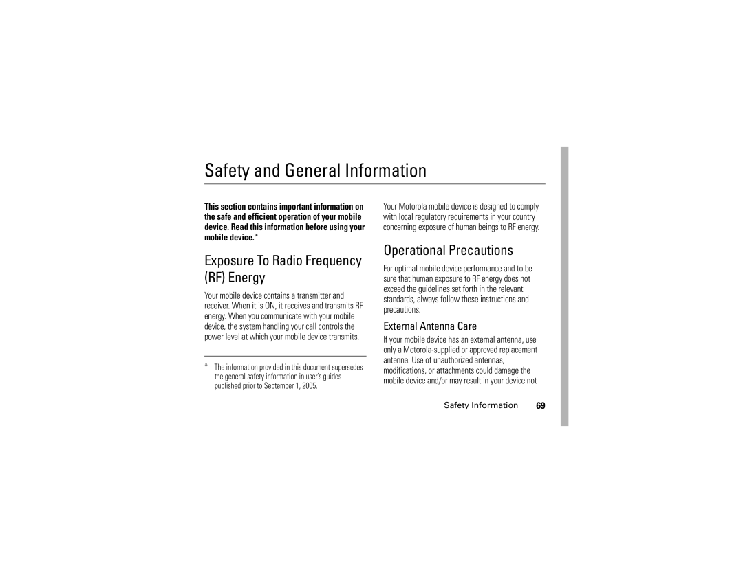 Motorola V235 manual External Antenna Care, Safety Information 