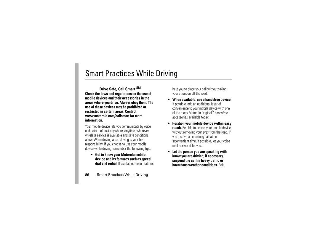 Motorola V235 manual Smart Practices While Driving, Drive Safe, Call Smart SM 