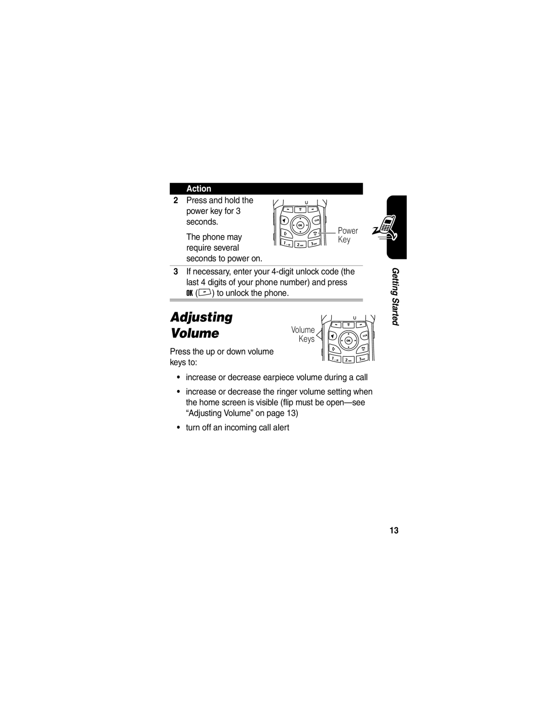 Motorola V260/V262 manual Adjusting Volume Volume, Press and hold the power key for 3 seconds 