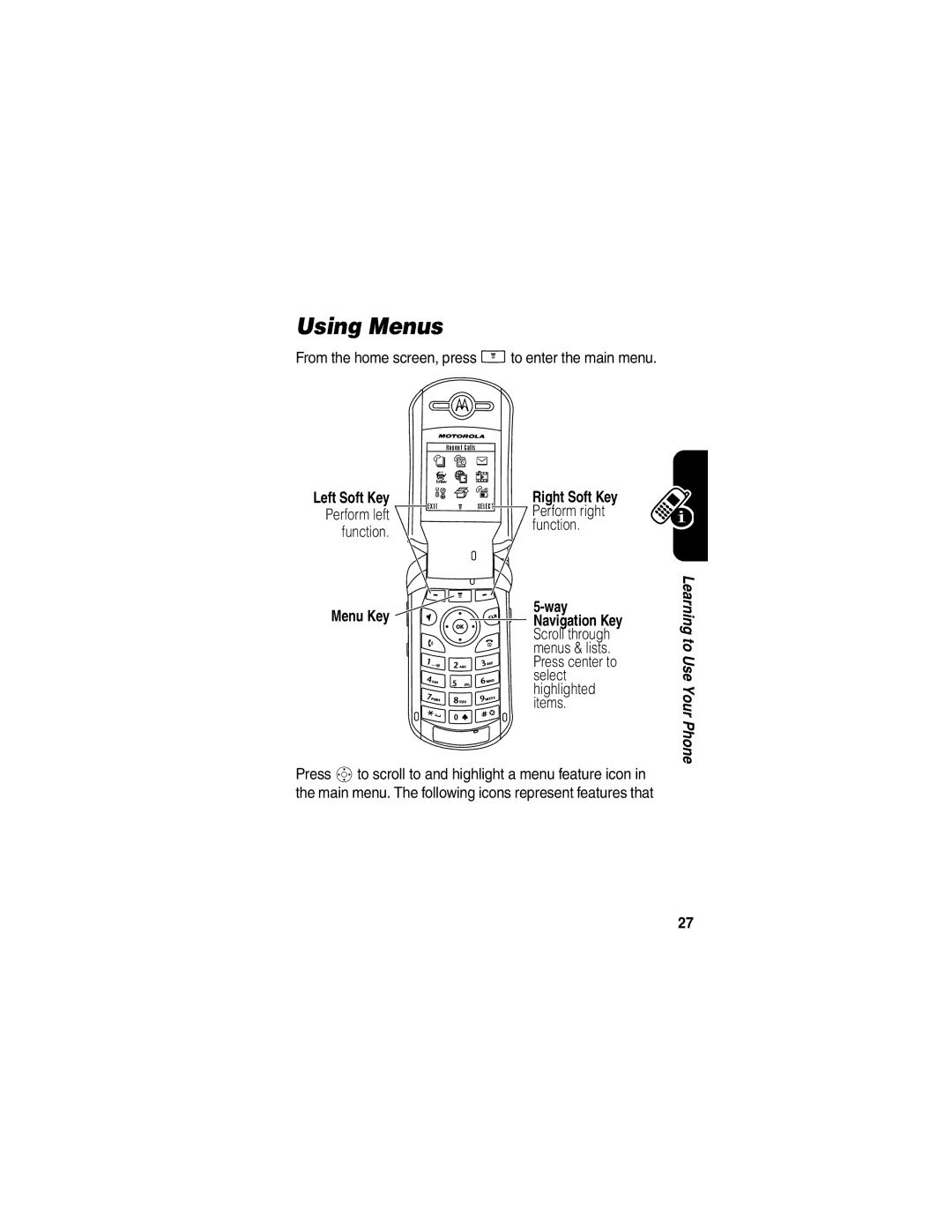 Motorola V260/V262 manual Using Menus, Menu Key Way 