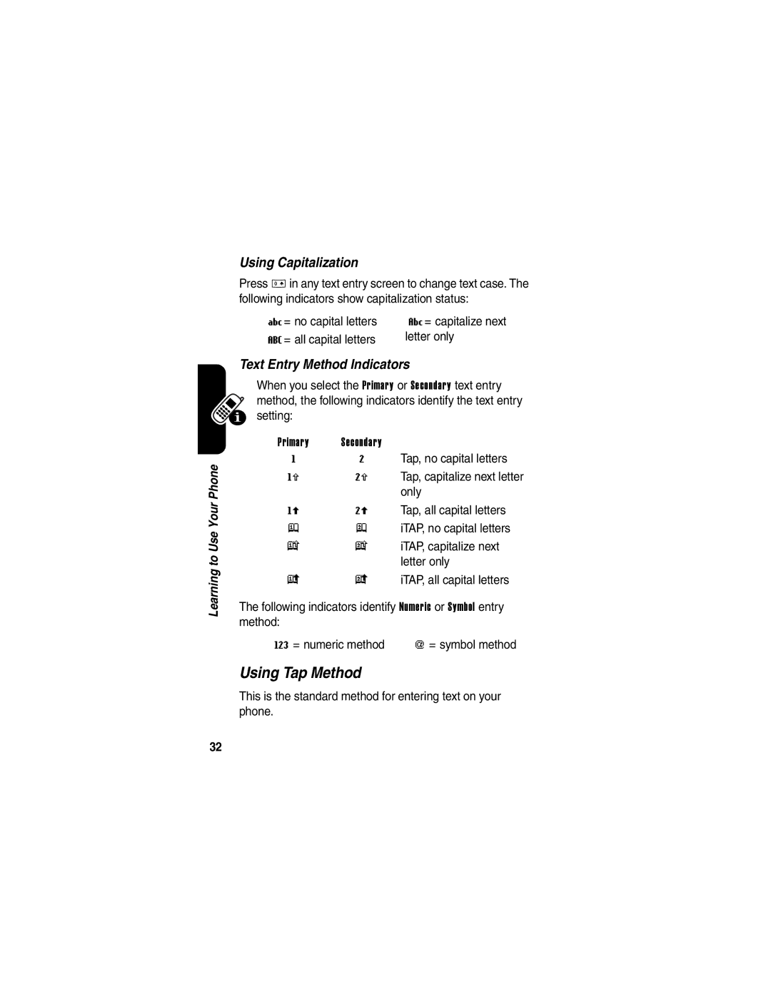 Motorola V260/V262 manual Using Tap Method, Using Capitalization, Text Entry Method Indicators 