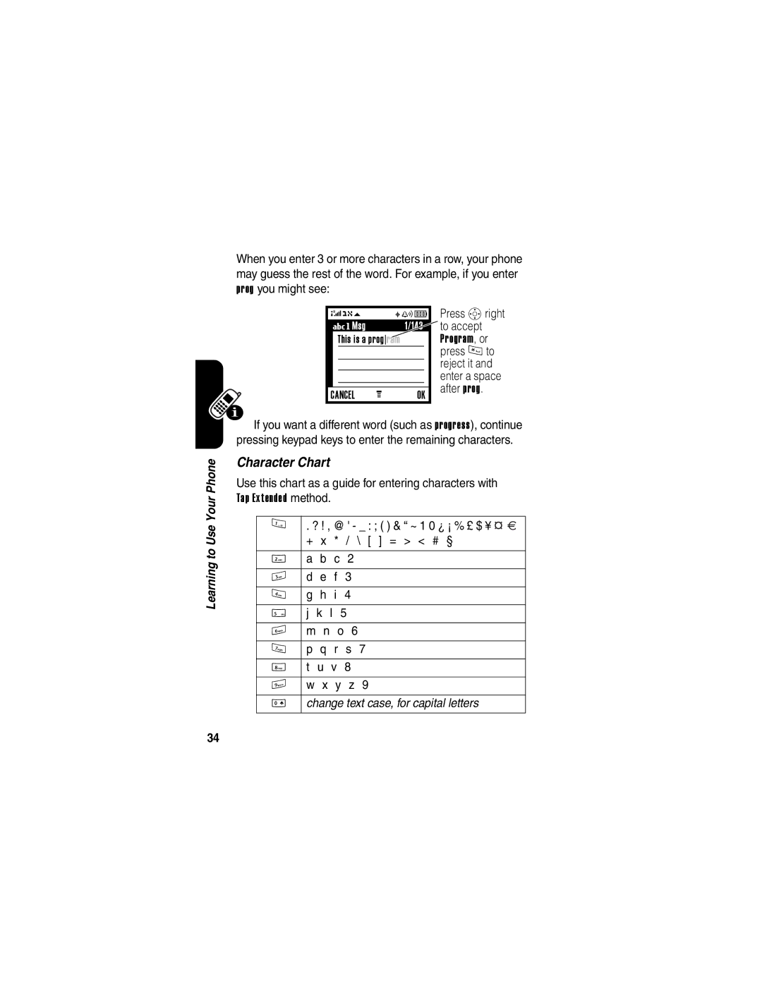 Motorola V260/V262 manual Character Chart, Press Sright 