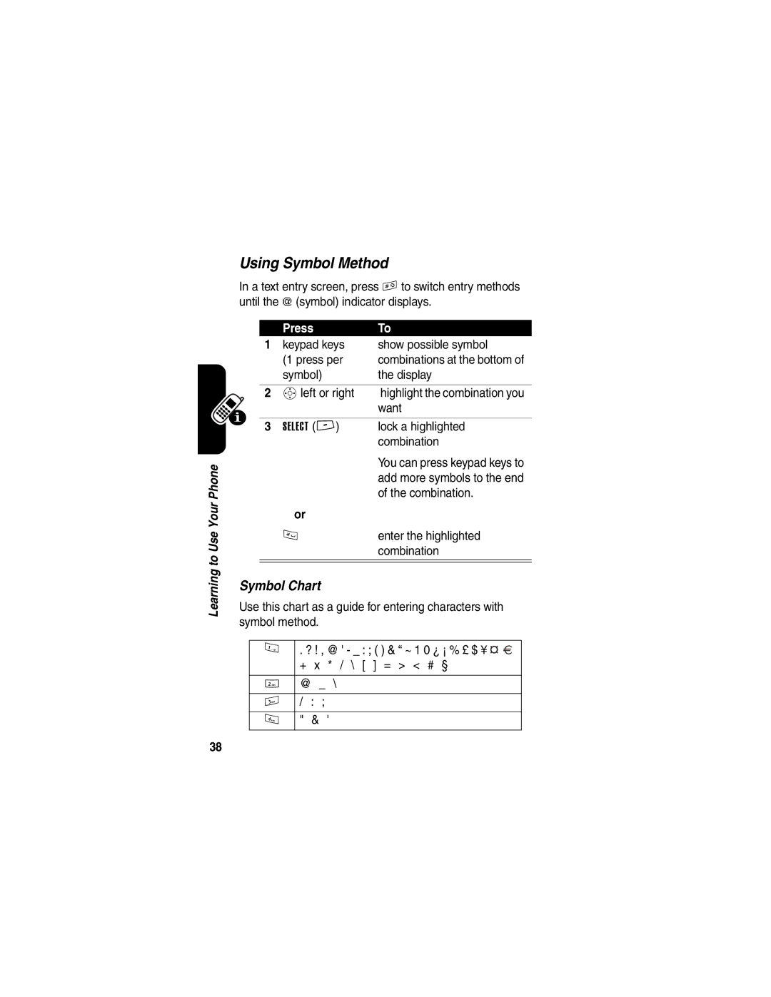 Motorola V260/V262 manual Using Symbol Method, Symbol Chart, Keypad keys Show possible symbol Press per 