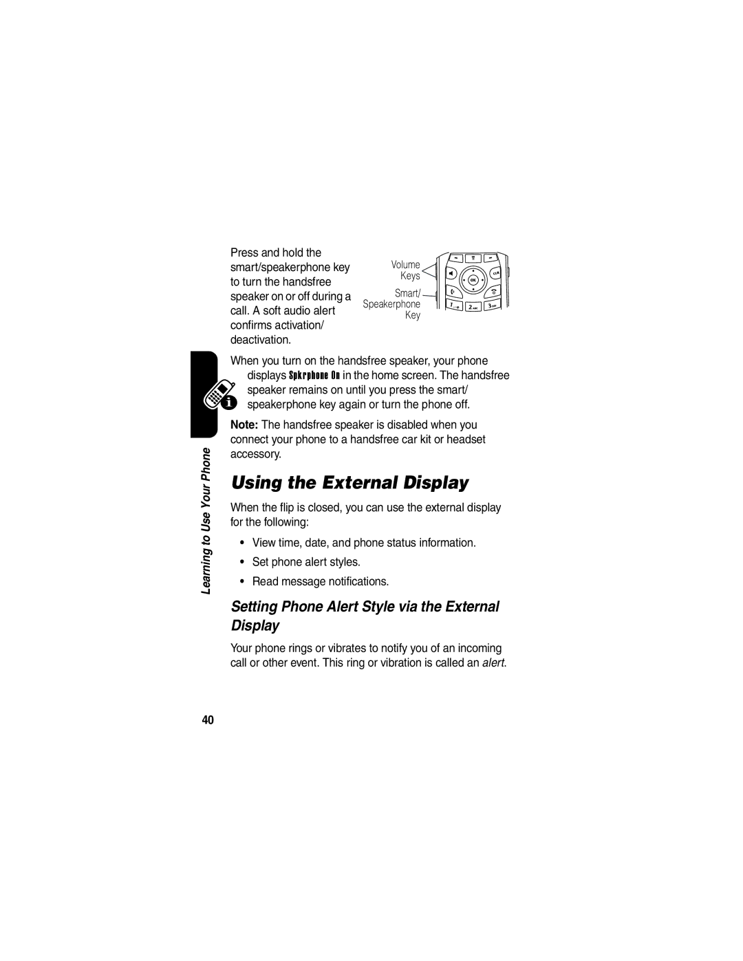 Motorola V260/V262 manual Using the External Display, Setting Phone Alert Style via the External Display 