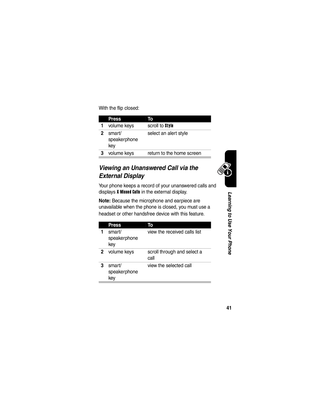 Motorola V260/V262 manual Viewing an Unanswered Call via the External Display, With the flip closed 